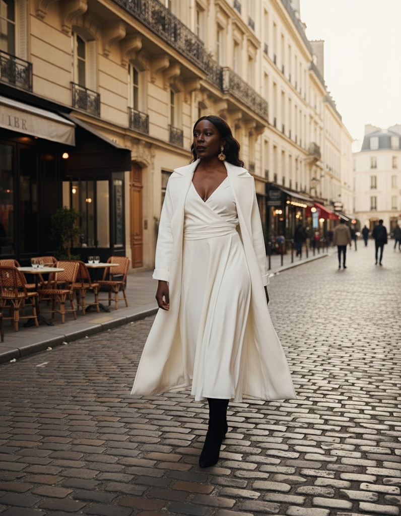 You in white Shelly dress with white Max Mara coat on Parisian street